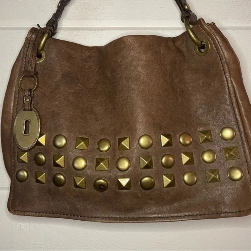 Fossil Long Live Vintage Brown Leather Brass
Studded Shoulder Hobo Bag Purse - Picture 3 of 17